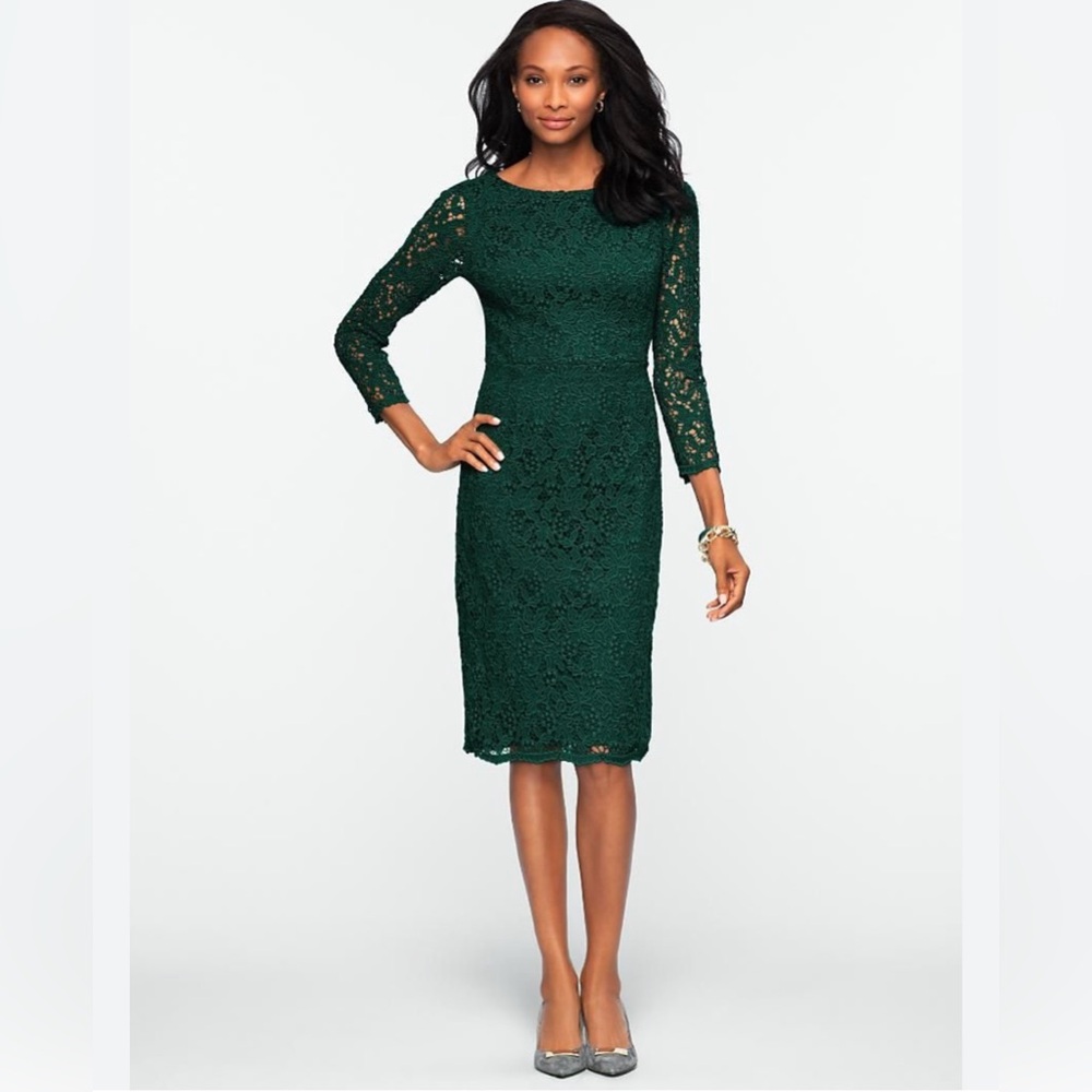 Talbots Dark Green Lace Crochet Overlay  Cocktail Dress
